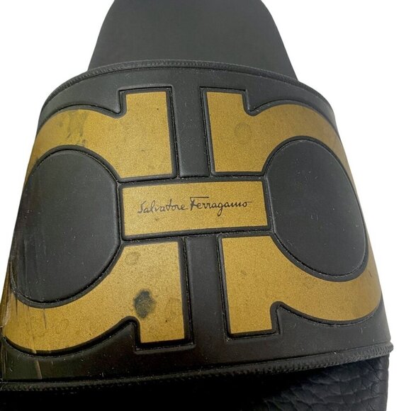 Salvatore Ferragamo Logo Slides Size 6 Designer Sandals Black Gold - Picture 7 of 12